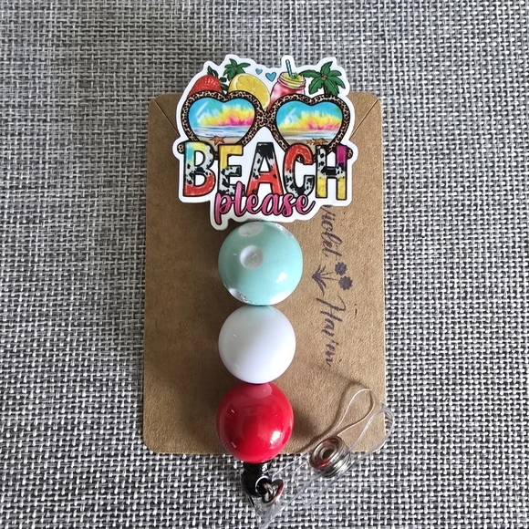 Beach Please Summer Polka Dot Beaded Retractable Name Work Badge ID Reel Holder - Picture 1 of 2